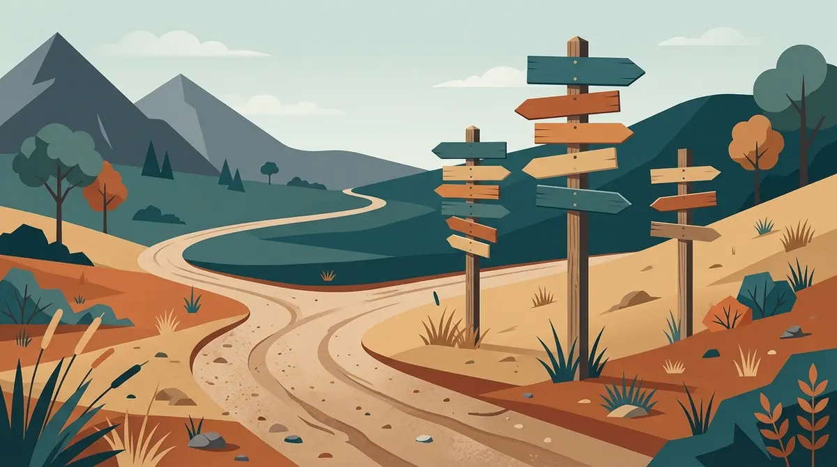 Illustration: drei unterschiedlich hohe Wegweiser an einer Weggabelung
