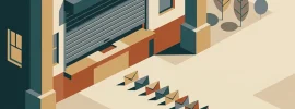 Illustration: ein geschlossenes Rollgitter vor einem Schalter, davor eine wartende Reihe kleiner Briefumschläge