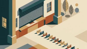 Illustration: ein geschlossenes Rollgitter vor einem Schalter, davor eine wartende Reihe kleiner Briefumschläge