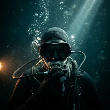 Porträt eines Tauchers unter Wasser, das Gesicht hinter Maske und Atemregler verborgen, ein Lichtstrahl von der Oberfläche