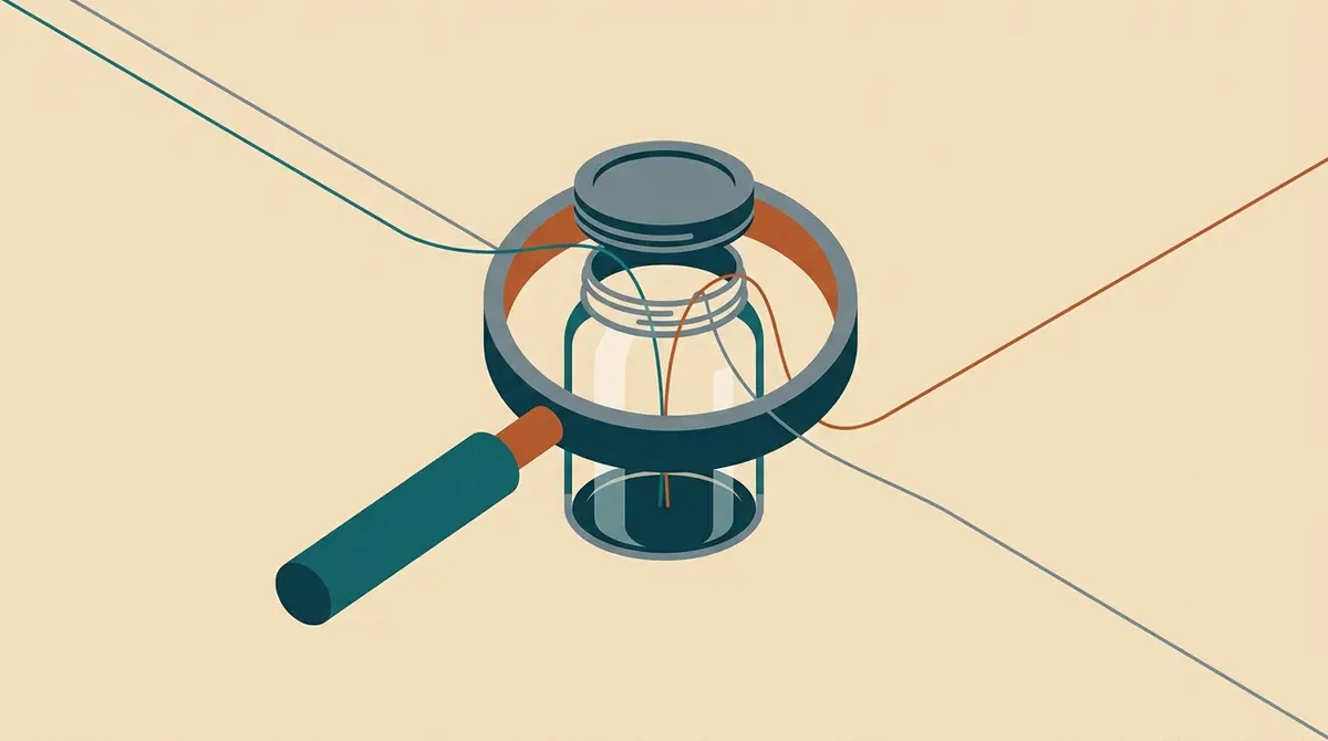 Illustration: eine Lupe über einem leeren Glas, drei dünne Fäden führen aus dem Glas zum Bildrand