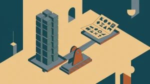 Illustration: eine Waage, auf der einen Seite ein Turm aus gleichen wiederholten Blöcken, auf der anderen ein Blatt mit vielfältigen Formen