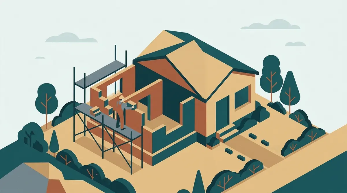 Illustration: ein Bauarbeiter setzt zwei neue Räume an ein bestehendes kleines Haus, an einer Seite ein Gerüst
