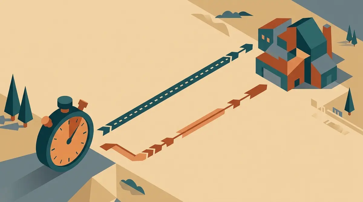 Illustration: eine Stoppuhr neben zwei Verbindungslinien zu einem Gebäude, oben lang und gestrichelt, unten kurz und durchgezogen