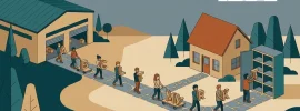 Illustration: buchstabenförmige Holzblöcke werden aus einem fernen Lager in einen kleinen Schrank direkt neben einem Haus getragen