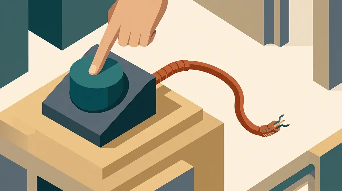Illustration: eine Hand drückt einen großen Knopf, dessen Kabel frei in der Luft endet