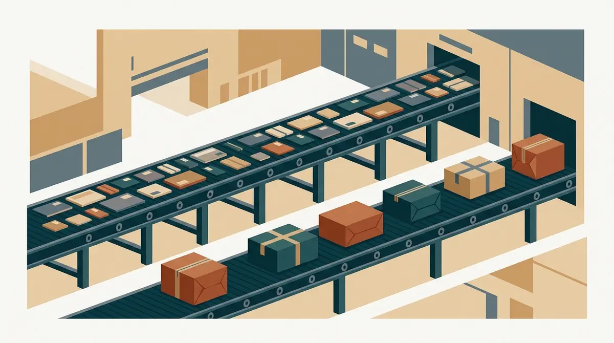 Illustration: zwei Förderbänder übereinander, oben viele dünne flache Pakete, unten wenige dafür dicke gut verpackte