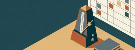 Illustration: ein Metronom neben einem kleinen Stapel fertiger Blätter, dahinter ein Kalenderraster mit nur wenigen gefüllten Feldern