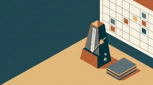 Illustration: ein Metronom neben einem kleinen Stapel fertiger Blätter, dahinter ein Kalenderraster mit nur wenigen gefüllten Feldern
