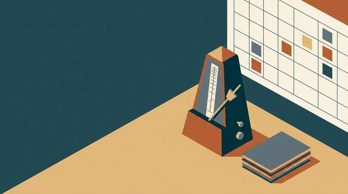 Illustration: ein Metronom neben einem kleinen Stapel fertiger Blätter, dahinter ein Kalenderraster mit nur wenigen gefüllten Feldern