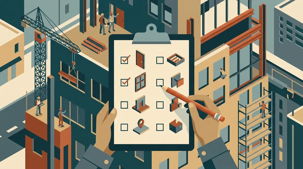 Illustration: eine Checkliste auf einem Klemmbrett wird an eine Hausfassade gehalten und verglichen