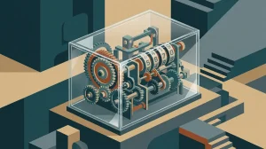 Illustration: ein Zählwerk mit Zahnrädern in einem geschlossenen durchsichtigen Gehäuse, nichts verlässt es