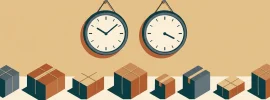 Illustration: zwei gleiche Wanduhren nebeneinander mit verschiedenen Zeiten, darunter Pakete auf einer Zeitleiste