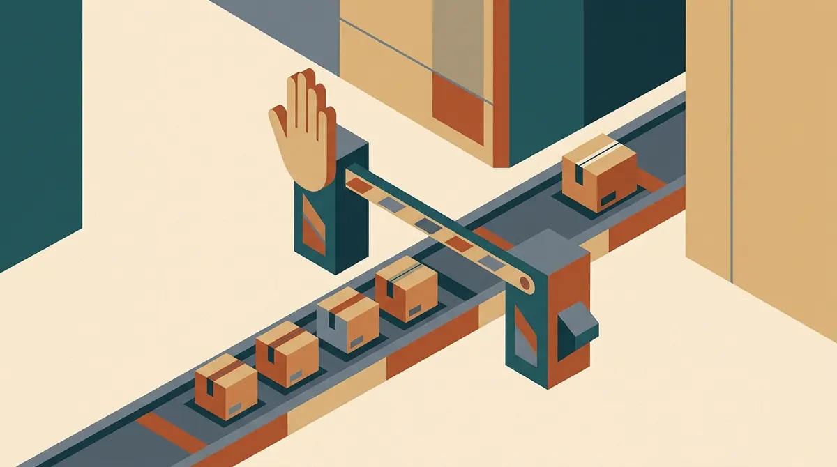 Illustration: eine geschlossene Schranke vor einer Reihe kleiner Datenpakete, daneben ein grosser Hebel, ein einzelnes Paket ist bereits durchgelassen