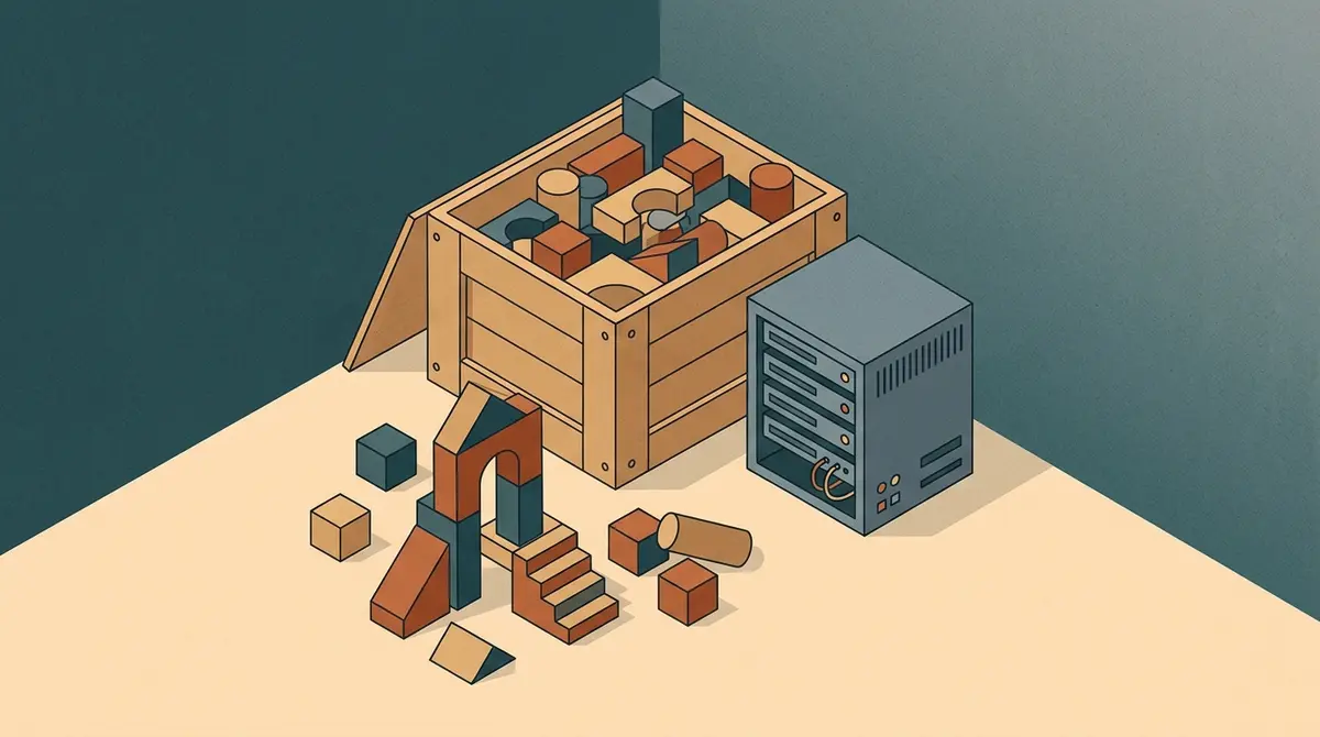 Illustration: eine offene Kiste mit Bausteinen ohne Schloss neben einem kleinen Serverschrank, einige Bausteine sind bereits zu einer Struktur zusammengesetzt