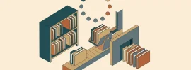 Illustration: ein Archivregal, darüber ein Monatsring, ein Sortierarm hebt Mappen auf eine Zeitleiste, andere kommen hinter eine Absperrung