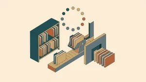 Illustration: ein Archivregal, darüber ein Monatsring, ein Sortierarm hebt Mappen auf eine Zeitleiste, andere kommen hinter eine Absperrung