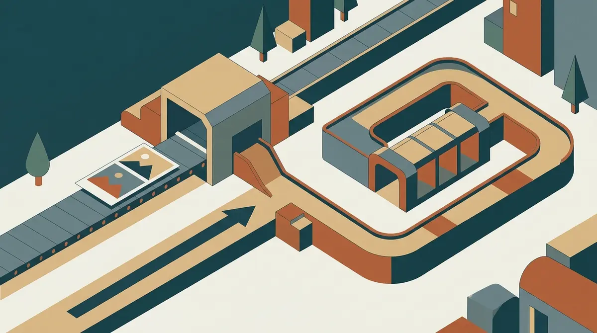Illustration: ein Foto läuft durch eine Wandlerbox und teilt sich in zwei Wege, links direkt, rechts über eine Zwischenkammer
