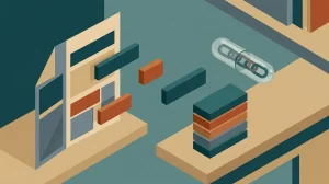 Illustration: aus einem Dokument lösen sich Überschriften als Blöcke und ordnen sich zu Stichpunkten, ein versiegelter Behälter trägt ein Kettenglied vorbei