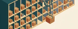 Illustration: eine Wand aus nummerierten Fächern wie ein Kalender, die meisten mit Paketen gefüllt, einige mit Sperrzeichen, ein Arm entnimmt eines