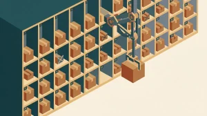 Illustration: eine Wand aus nummerierten Fächern wie ein Kalender, die meisten mit Paketen gefüllt, einige mit Sperrzeichen, ein Arm entnimmt eines