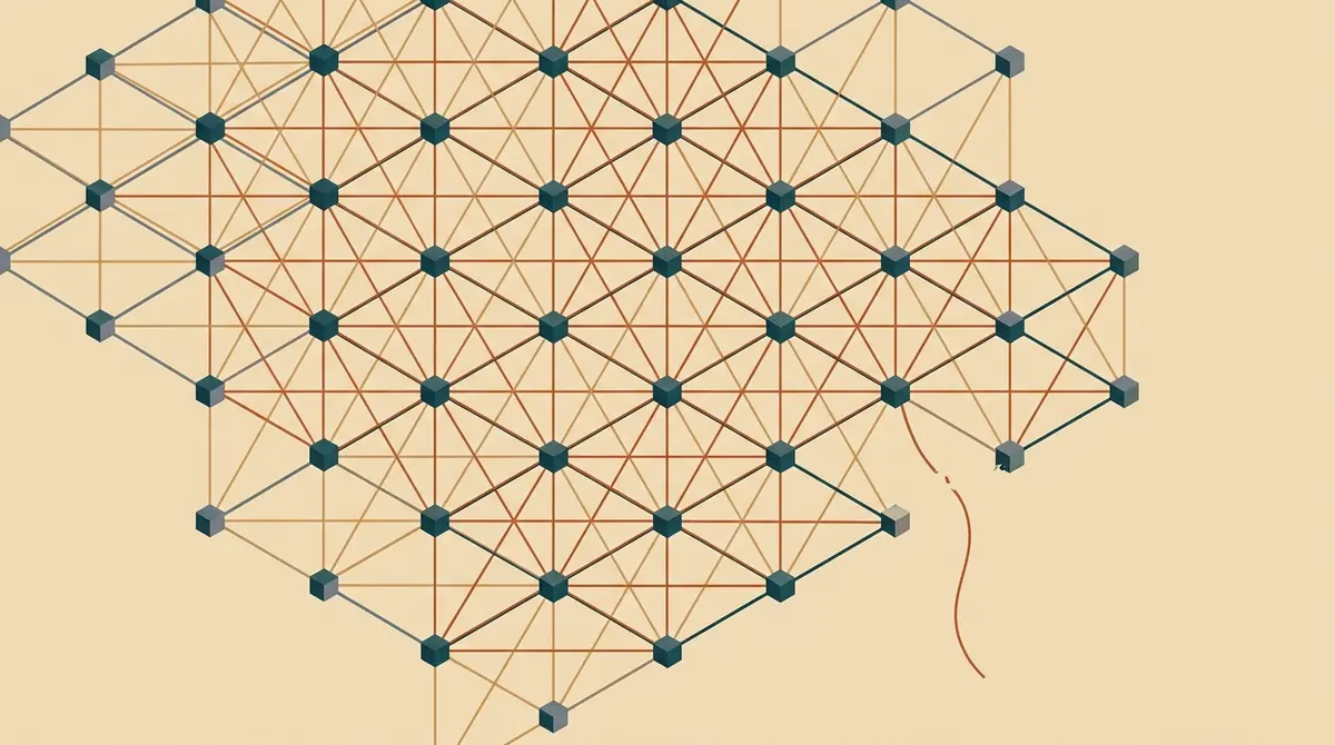 Illustration: ein Netz aus Knoten, die mit ihren nächsten Nachbarn verbunden sind, an einem Knoten hängt ein Faden lose
