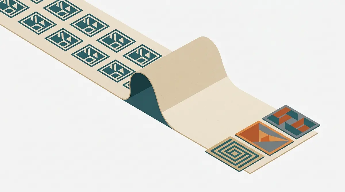 Illustration: am Ende einer Papierrolle ersetzen drei verschiedene Karten eine Reihe identischer Stempel