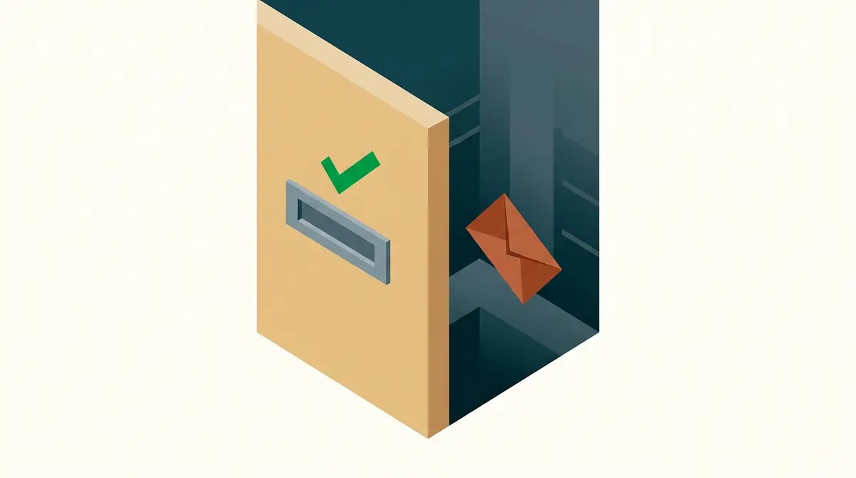 Illustration: ein Briefschlitz mit grünem Haken, hinter der Wand fällt der Umschlag ins Leere