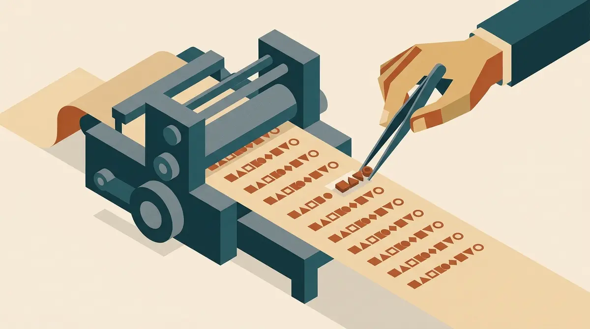 Illustration: eine Druckpresse wiederholt denselben Wortblock zehnmal, eine Hand hebt die Dubletten mit einer Pinzette heraus