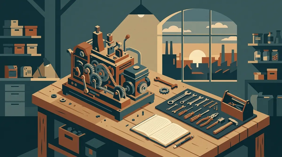 Illustration: eine fertige Maschine auf einer Werkbank in der Dämmerung, das Werkzeug ist abgelegt, daneben ein aufgeschlagenes leeres Notizbuch